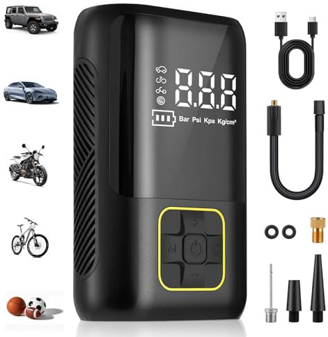 GaRhomxy Tire Inflator Portable Air Compressor 150PSI Fast Inflation - Cordless Air Pump for Car Tires, Bike Accessories, Motorcycle, Balls with Pressure Gauge, Auto Shutoff Function, LED Light