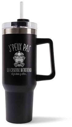 Planetee Mug Isotherme 1,2L - Je peux pas caserne pompier Noir – Bouteille avec Anse, Paille et Couvercle – Idée Cadeau Gourde Personnalisée