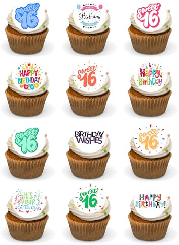 24 Precut Round 16th Birthday Sweet Sixteen Edible Premium Wafer Card Cupcake Toppers