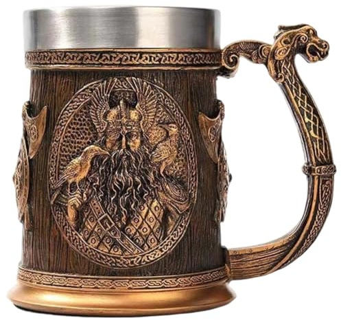 Dinntty Nordic Viking Coffee Beer Mugs for Men Beer Stein Tankard Mug, Color Viking Coffee Cup Resin Hand Crafts with Stainless Steel Liner for Hot Cold Drinks