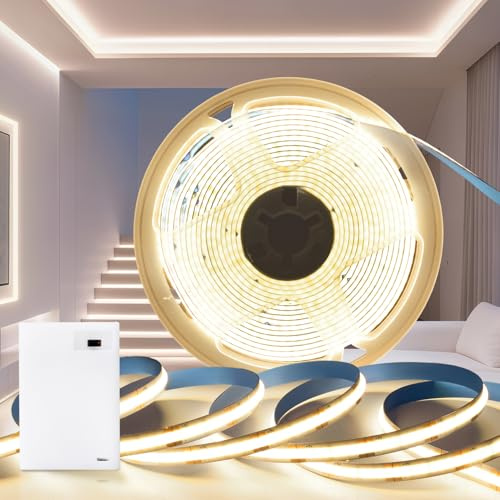 PERVADEO LED Streifen Batterie 1M LED Strip COB Warmweiss 3000K Batteriebetrieben 320LEDs/M 5V Selbstklebend Flexibel Lichtband DIY für Zuhause Beleuchtung Küche Schlafzimmer Schränke Treppen