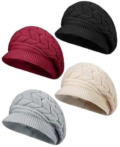 Zosutetoxo 4 Stück Wintermütze Damen, dicke kuschelige Strickmütze mit Schirm, weiches Fleecefutter für Ski & Outdoor, vielseitiges Farb-Set