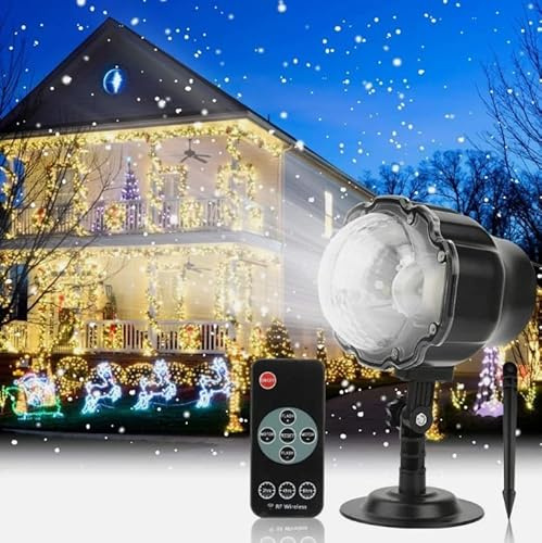 LED Snow Falling Projector Light, IP65 Waterproof Moving Snowflake Laser Lamp, RF Remote Control with Timer, Christmas Outdoor Garden Decoration Xmas