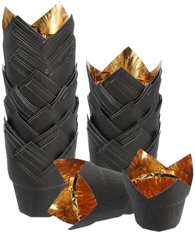 QUARKZMAN 50 Stück Tulpen Backförmchen Muffinförmchen Gold/Schwarz | Papierförmchen Aluminiumfolie Fettfest Einwickelpapier Für Hochzeiten Geburtstage Feste Weihnachten