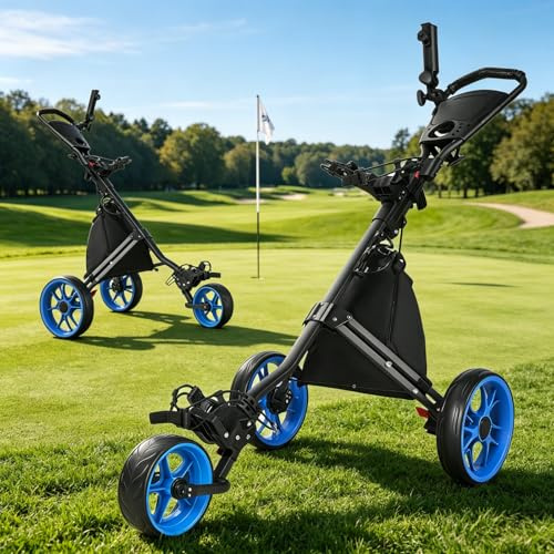 JoyCushy 3 Wheel Golf Trolley Folding Golfs Push Cart with Adjustable Height Handle, Umbrella Shaft Lightweight Deluxe Golf Bag, Blue