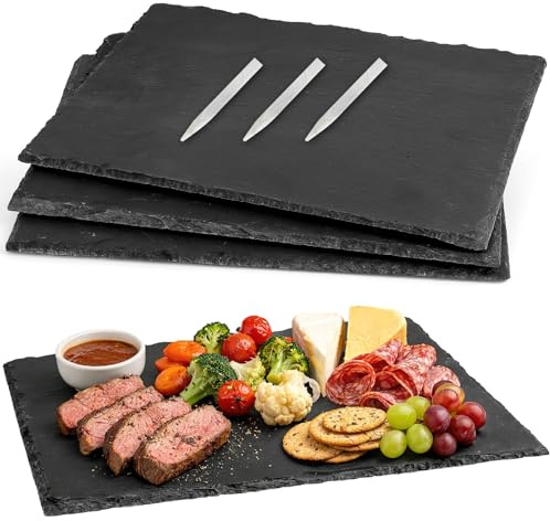MSYU 4 tablas de queso de pizarra, 30 x 25 cm, platos de piedra negra, tabla de charcutería, bandeja de servir gourmet, plato de queso con bolígrafo para sushi, fiestas, regalos, frutas, carne