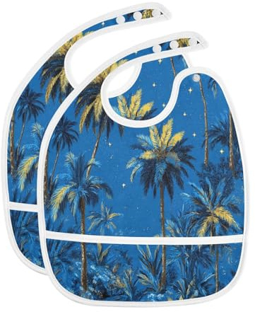 Caikeny Baby Feeding Bibs Blue Green Palm Trees Stars Moon Infant Drooling Bibs Food Bibs with Pocket for Toddler Girls Boys Set of 2