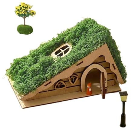 Holzhäuser zum Basteln – Miniatur Märchenhaus-Set 22 cm | Unvollendetes diy dreieckiges Holzhaus für Doodle | Moosbäume Gartendeko Ornament | Kreatives Bastelset 180g