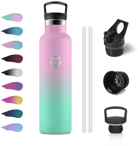 JAPORIA Gourde Isotherme 750ml, sans BPA, Gourde Inox avec Paille, Anti-Fuite, Bouteille Reutilisable pour l'École, Camping, Cyclisme, Alpinisme