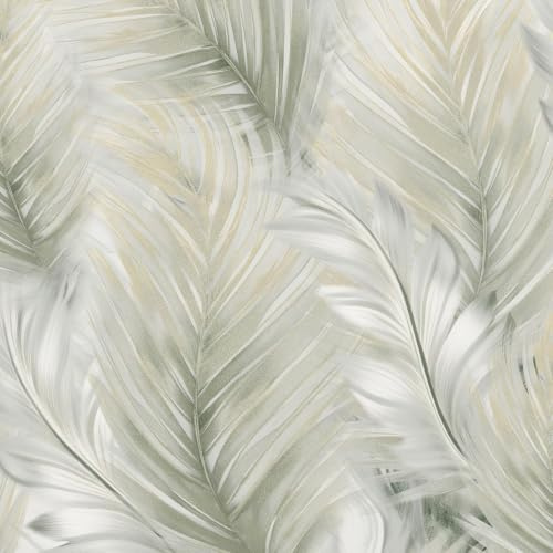 Muriva Lipsy Feather Wallpaper, Shimmering, Sage Green, Gold (144502) | Wallcovering for bedroom, living room, dressing room and hallway, feature wall, washable, paste-the-paper