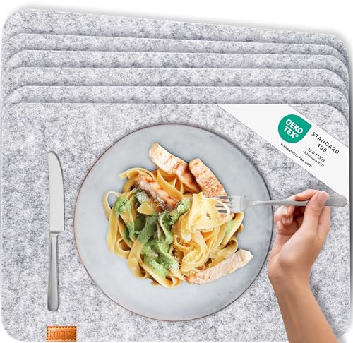 Miqio® - Design Tischset aus Filz | Marken Label aus echtem Leder | 6er Set Platzset (grau meliert) abwaschbar | Filzmatte Tisch Untersetzer Platzdeckchen abwischbar