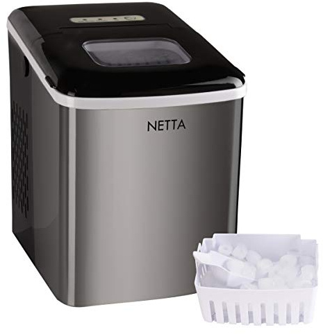 NETTA Ice Maker Machine, Counter Top Ice Cube Maker - 12kg Capacity 1.8L Tank | Ice Ready in 10 Minutes | No Plumbing Required | Includes Scooper and Removable Basket | Stainless Steel & Black