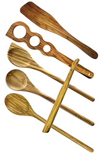 SeleXions Küchenset aus Olivenholz Löffelset 6-TLG., 3 Löffel spitz, rund, oval und Spaghettimaß, Wender und Spachtel