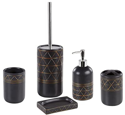 Elegantes Badezimmer-Zubehör 5-teilig aus Keramik in Schwarz/Gold Lanco
