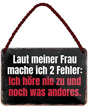 Laut meiner Frau Mache ich Zwei Fehler - lustiges Hängeschild mit witzigen Spruch - Metallschild mit Kordel und Saugnapf - Geschenkidee Freundin Freund Ehefrau Ehemann - Geschenkidee - 18x12cm