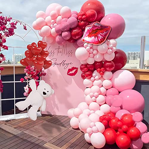 Valentines Day Balloon Garland Arch Kit Macaron Pink Retro Pink Red Balloons Heart Lip Balloons for Valentines's Day Bridal Shower Baby Shower Bachelorette Anniversary Party Decoration Supplies