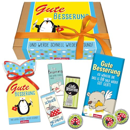 STEINBECK Geschenkbox - Gute Besserung und werde schnell wieder gesund - Genesungswünsche Geschenk Präsentkorb Geschenkkorb Geschenkset Schokolade Fruchtgummi Krankenbesuch Erkältung