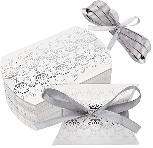 50 Stück Hochzeit Gastgeschenk Kartonage Box - Pralinenschachtel Geschenkboxen - Geschenkverpackung Tüten - mit 50 Stück Bänder für Hochzeit