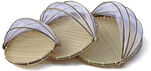 Surakey Bambus Zelt Korb mit Fliegenschutz,Handgewebte Obstschale Zeltkorb Netzkorb Obst Gemüse Brot Korb Lebensmittel Servierkorb mit Gaze Abdeckhaube Fliegenhaube für Home Outdoor Picknick