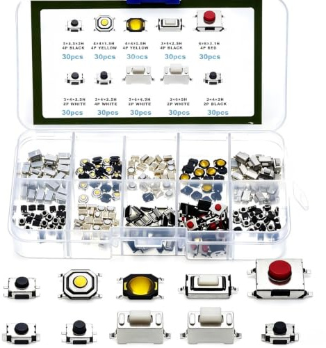 VISSQH 10 Value 300 Pieces tactile switch, Micro Switch smd taster Tactile Pressure Switch mini push button switch for Car Remote Control Key DIY and small power electronic projects