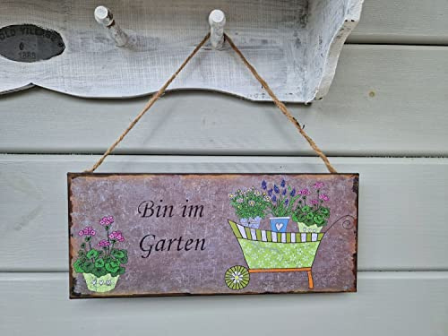 Arinosa Schild 'Bin im Garten' Metall Vintage 30,5x13 + Aufhängung
