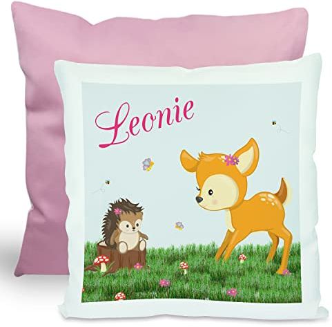 CreaDesign, Kinder Kissen 40x40 cm personalisiert mit Namen, Kinderzimmer Deko Kissen Kinder mit Füllung Federn, Motiv REH, Rückenfarbe Rosa