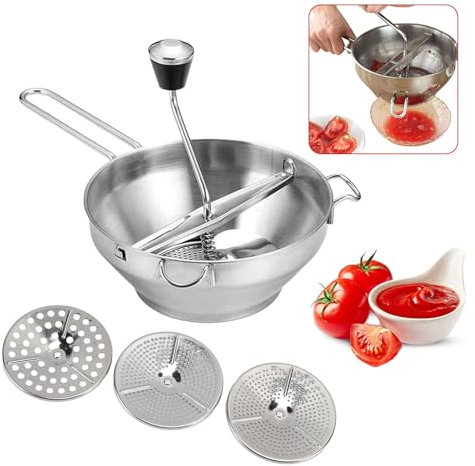Food Mill Stainless Steel, Food Mill with 3 Discs, Handle Baby Food Grinder Hand Crank, The Perfect Rotary Food Mill for Tomato Sauce, Potatoes, Baby Food or Canned Goods