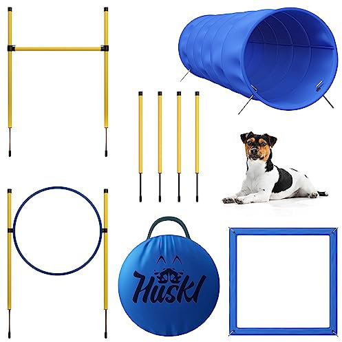 Huskl Agility Set Hunde Klein und Groß aus Tunnel für Hunde, Agility Stangen, Hürdenstange, Agility Ring & Pausenbox für Hunde Beschäftigung - Hundetraining Zubehör