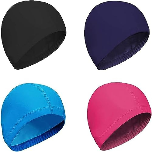 4 Pezzi Cuffia da Nuoto Unisex Cuffia Piscina Bambino Cuffia Piscina AdultoTessuto Elastico Cuffie da Bagno per Capelli Corti e Lunghi Cuffie Piscina per Piscina Spa