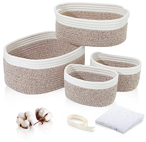HDRNT Lot de 4 Paniers de Rangement en Corde de Coton Tressé avec Poignée, Commode de Rangement pour Panier à langer, Paniers de Rangement Empilables, Paniers et Conteneurs pour Chambre D'enfant