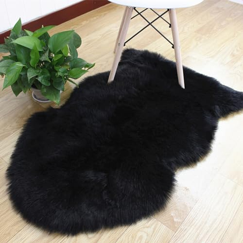 CHUYIX Alfombras mullidas de felpa, alfombra de felpa artificial, alfombra suave antideslizante de piel sintética, alfombra redonda de piel de cordero, para dormitorio, salón, color negro, 60 x 90 cm