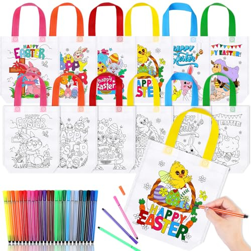 HOWAF 12 Ostertüten zum Bemalen, Ostern Stoffbeutel zum Bemalen Oster Geschenktüten Ausmal Taschen DIY Non-Woven Ostertasche Anmalen Ostern Basteln Kinder, Oster Geschenke Frühling Osterdeko, A