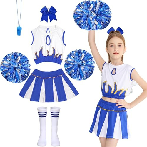 LXWINNER Cheerleader Kostüm Kinder,Cheerleading Kleid Cheer Uniformen mit Pompons,Socken,Pfeift und Haarzubehör,Cheerleader-Kostüm für Mädchen,Kinder Cheer Outfit Mädchen Karneval Kostüm