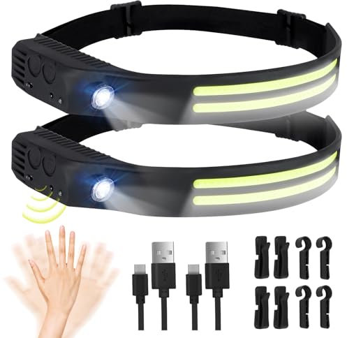 Winthai Stirnlampe Led Wiederaufladbar, 2 SuperHell 450 Lux Mit 5 Modi 1500mAh Kopflampe, 230°Ultra Weitwinkel Stirnlampe Led, 95g Licht IPX4 Wasserdicht, Ideal für Laufen Angeln Radfahren Camping.