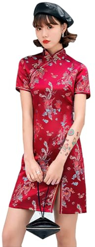 ZNLFS Donna, Abito Cheongsam con Collo a Mandarino, Maniche Corte, Aderente, con Apertura Laterale, Stampa Floreale, Drago, Mini Qipao, 40