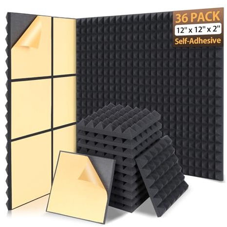 AUSLET 36 Pack Self-Adhesive Acoustic Foam Panels, 12 x 12 x 2 Inches High Density Pyramid Sound Proof Foam Panels for Walls, Fire Resistant Soundproof Wall Panels for Home Office & Studio (Black)
