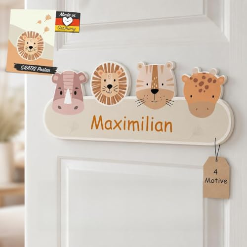 Kindsblick® Safari Natur Türschild Kinderzimmer inkl. Gravur mit Wunschname und Gratisposter I Namensschild Babyzimmer mit Klebepunkten für einfache Montage I Namensschilder hergestellt in DE