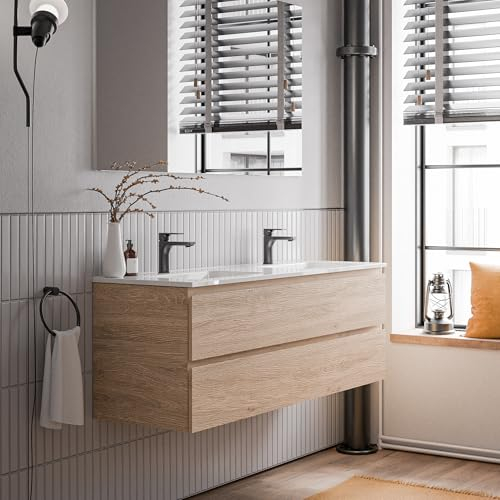 BERNSTEIN Badmöbel-Set AVA 140cm, Waschbecken mit Unterschrank in Eiche honiggelb, Keramik-Waschbecken in Weiß glänzend mit Hahnlöcher, Ideal für große Bäder