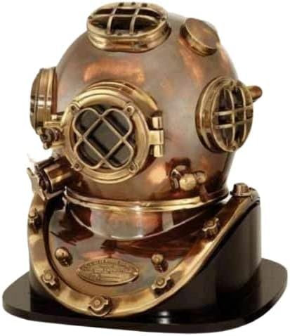 Brauner antiker Tauchhelm Messing US Navy Taucherhelm (Vintage Tauchen Tiefsee US Navy Mark V Taucherhelm mit Holzsockel)