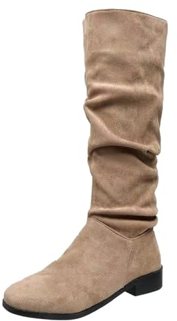 Botas Altas Mujer Invierno-Botas Invierno de Ante Negras Planas Comodas Marrones Caña Ancha Camperas Otono