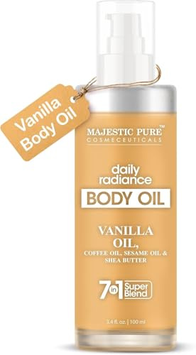 Majestic Pure Vanilla Body Oil - 100% Pure & Natural with Shea Butter, Coffee, Sesame Oils- After Shower Body Oils for Women and Men - Scented, Radiant, Firming Massage Oil - 3.4 Fl Oz