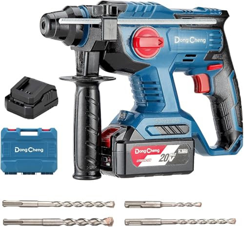 Dong Cheng 20V MAX Brushless Cordless Rotary Hammer Drill, 22mm SDS-Plus, 4 Modes, Adjustable Handle, with 4.0Ah Battery, 4 Drill Bits for Concrete/Brick/Wall/Metal (Rotary Hammer)