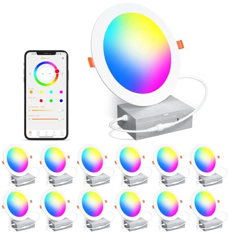 Smart Recessed Lighting 4 Inch RGBCW Color Changing 12W Recessed Ceiling Light with Junction Box,1080LM Canless LED Downlight Compatible with Alexa,Dimmable by Bluetooth Control -12Pack