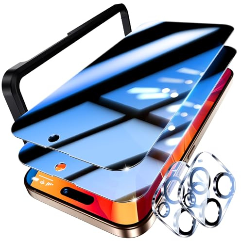 UniqueMe per iPhone 16 Pro Privacy Pellicola Protettiva - 2 Pezzi Pellicola Vetro Temperato Privacy per iPhone 16 Pro e 2 Pezzi Protezione Fotocamera, Anti Spia, Resistente ai Graffi, Bubble Proof