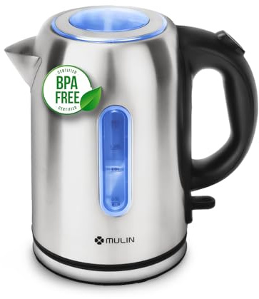 MULIN Bollitore Elettrico in Acciaio Inox, 1.7L, 2200W Ebollizione Rapida, Base Girevole a 360° Spegnimento Automatico, Filtro Anticalcare, Senza BPA Indicatore Acqua, Ideale per Tè e Caffè