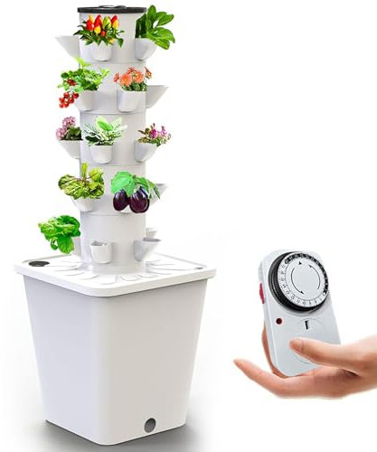 RRrawgff Hydroponic Growing System 30 Pods Vertical Garden Planter Hydroponics Tower, Indoor Smart Garden Kit Aeroponics Growing Kit with Hydrating Pump, Adapter,Net Pots,Timer for Herbs,Fruits Veget