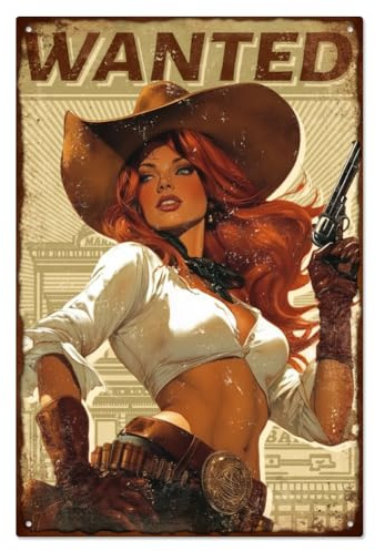 WADORN Cartello In Metallo con Scritta Western Cowgirl Pin Up Lady, 20x30cm Divertente Retro Man Cave Bar Targa In Latta Vintage Wanted Cowgirl Wall Art Poster Targa Decorativa per Garage Club