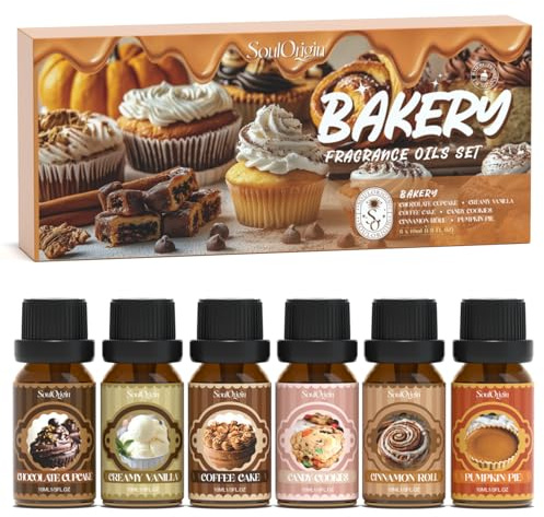 SoulOrigin Ätherische Öle backen Bäckerei Duftöle Set, Duftöl Set für Öldiffusoren, Duftöle für Seifenkerzen Herstellung 6x10ml - Schokolade Cupcake, cremige Vanille, Kaffeekuchen, Süßigkeiten Kekse