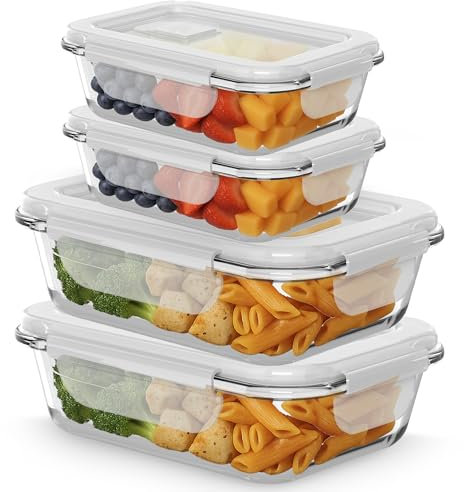ZENO Glass Containers with Lids 4 Pack | Meal Prep Containers | Glass Food Container with Lid, Airtight Seal, Leakproof Lid | Dishwasher Safe | Freezer & Microwave Safe | 2 X 1050ml + 2 X 650ml