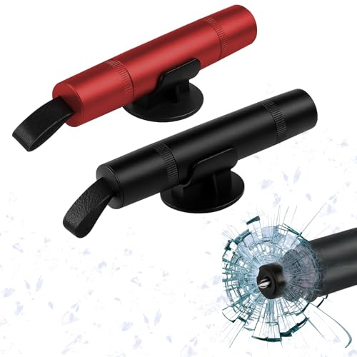 DmDoyy 2 Pièces Marteau De Sécurité pour Voiture, Marteau Brise Vitre d'urgence, Coupe Ceinture Brise Vitre, 2 en 1 Coupe Ceinture Brise Vitr avec Socle(Noir + Rouge)
